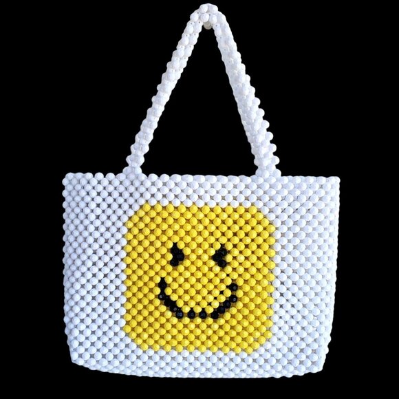 Handmade Beaded Smiley Face Tote Bag Purse 10" Width - Picture 1 of 8